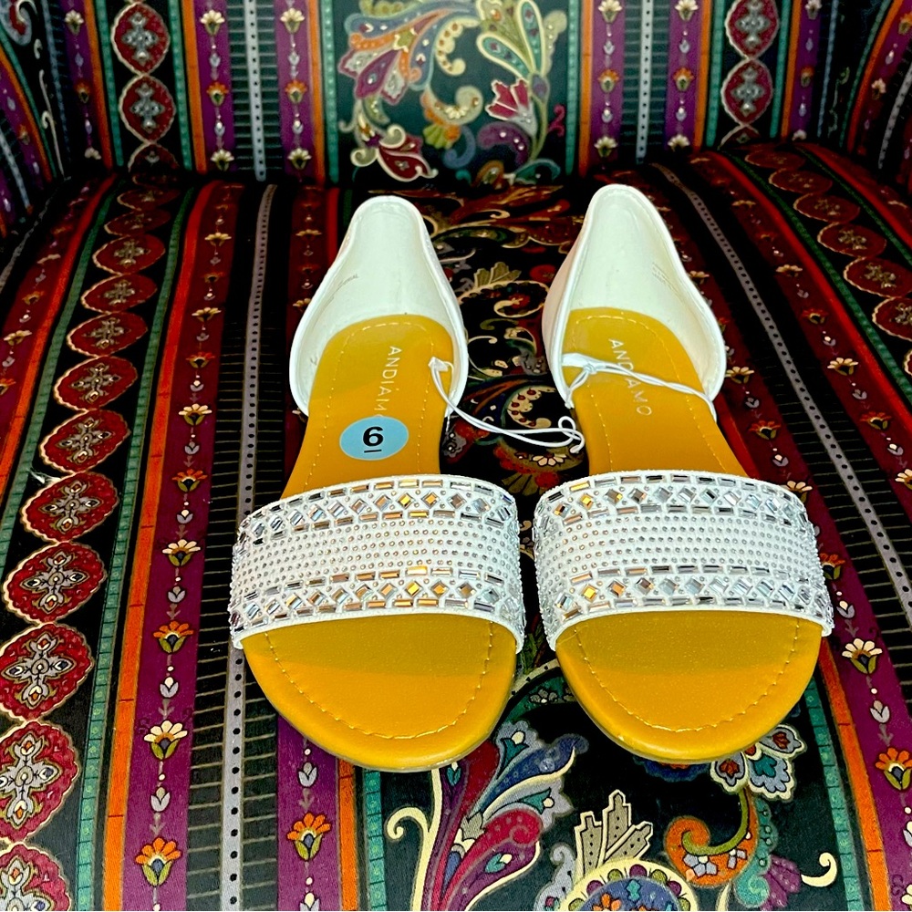 Brand NWT white sandals w crystals. Will look GREAT with a maxi dress!